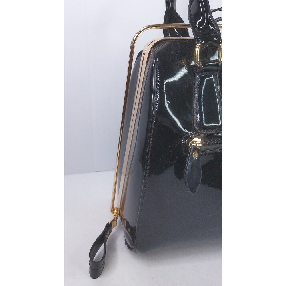 Vintage Y2K Black Patent Faux Leather Frame Satchel Handbag - Picture 8 of 11